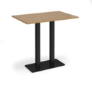 Eros rectangular poseur table with flat black rectangular base and twin uprights 1200mm x 800mm - oak