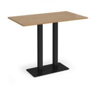 Eros rectangular poseur table with flat black rectangular base and twin uprights 1400mm x 800mm - oak