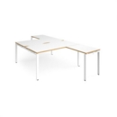 Adapt back to back desks 1600mm x 1600mm with 800mm return desks - white frame and white top with oak edge