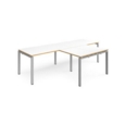 Adapt double straight desks 2800mm x 800mm with 800mm return desks - silver frame and white top with oak edge