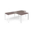 Adapt double straight desks 2800mm x 800mm with 800mm return desks - white frame and walnut top
