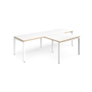 Adapt double straight desks 2800mm x 800mm with 800mm return desks - white frame and white top with oak edge