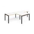 Adapt double straight desks 3200mm x 800mm with 800mm return desks - black frame and white top with oak edge