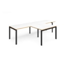 Adapt double straight desks 3200mm x 800mm with 800mm return desks - black frame and white top with oak edge