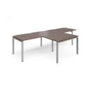 Adapt double straight desks 3200mm x 800mm with 800mm return desks - silver frame and walnut top
