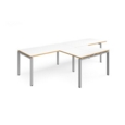 Adapt double straight desks 3200mm x 800mm with 800mm return desks - silver frame and white top with oak edge