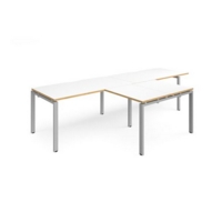 Adapt double straight desks 3200mm x 800mm with 800mm return desks - silver frame and white top with oak edge
