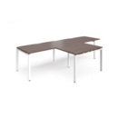 Adapt double straight desks 3200mm x 800mm with 800mm return desks - white frame and walnut top