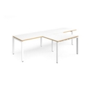 Adapt double straight desks 3200mm x 800mm with 800mm return desks - white frame and white top with oak edge