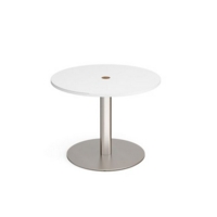 Eternal circular meeting table 1000mm with central circular cutout 80mm - brushed steel base and white top