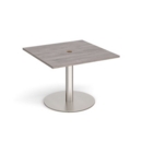 Eternal square meeting table 1000mm x 1000mm with central circular cutout 80mm - brushed steel base and grey oak top
