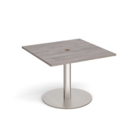 Eternal square meeting table 1000mm x 1000mm with central circular cutout 80mm - brushed steel base and grey oak top