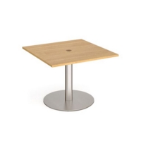 Eternal square meeting table 1000mm x 1000mm with central circular cutout 80mm - brushed steel base and oak top