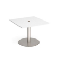 Eternal square meeting table 1000mm x 1000mm with central circular cutout 80mm - brushed steel base and white top