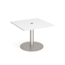 Eternal square meeting table 1000mm x 1000mm with central circular cutout 80mm - brushed steel base and white top