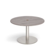 Eternal circular meeting table 1200mm with central circular cutout 80mm - brushed steel base and grey oak top