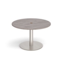 Eternal circular meeting table 1200mm with central circular cutout 80mm - brushed steel base and grey oak top