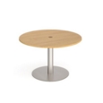 Eternal circular meeting table 1200mm with central circular cutout 80mm - brushed steel base and oak top