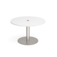 Eternal circular meeting table 1200mm with central circular cutout 80mm - brushed steel base and white top