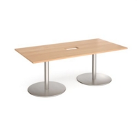 Eternal rectangular boardroom table 2000mm x 1000mm with central cutout 272mm x 132mm - brushed steel base and beech top