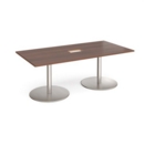 Eternal rectangular boardroom table 2000mm x 1000mm with central cutout 272mm x 132mm - brushed steel base and walnut top