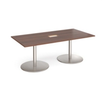 Eternal rectangular boardroom table 2000mm x 1000mm with central cutout 272mm x 132mm - brushed steel base and walnut top