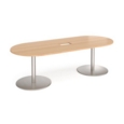 Eternal radial end boardroom table 2400mm x 1000mm with central cutout 272mm x 132mm - brushed steel base and beech top