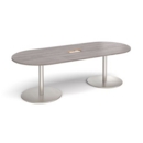 Eternal radial end boardroom table 2400mm x 1000mm with central cutout 272mm x 132mm - brushed steel base and grey oak top