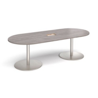 Eternal radial end boardroom table 2400mm x 1000mm with central cutout 272mm x 132mm - brushed steel base and grey oak top