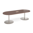 Eternal radial end boardroom table 2400mm x 1000mm with central cutout 272mm x 132mm - brushed steel base and walnut top