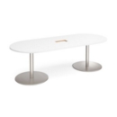 Eternal radial end boardroom table 2400mm x 1000mm with central cutout 272mm x 132mm - brushed steel base and white top
