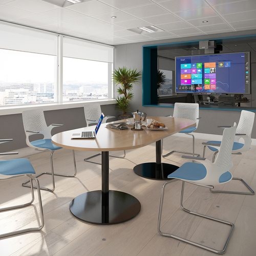 Eternal radial end boardroom table 2400mm x 1000mm with central cutout 272mm x 132mm - black base and white top