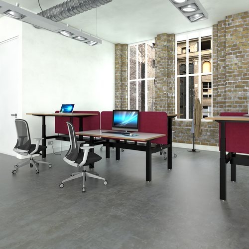 Elev8 Touch sit-stand back-to-back desks 1200mm x 1650mm - black frame and white top with oak edge