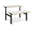 Elev8 Touch sit-stand back-to-back desks 1400mm x 1650mm - black frame and white top with oak edge