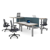 Elev8 Touch sit-stand back-to-back desks 1400mm x 1650mm - silver frame and walnut top