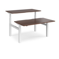Elev8 Touch sit-stand back-to-back desks 1400mm x 1650mm - white frame and walnut top