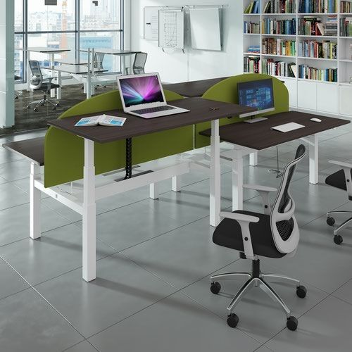 Elev8 Touch sit-stand back-to-back desks 1600mm x 1650mm - black frame and grey oak top