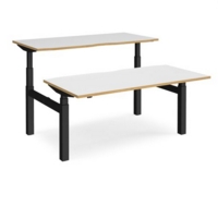 Elev8 Touch sit-stand back-to-back desks 1600mm x 1650mm - black frame and white top with oak edge