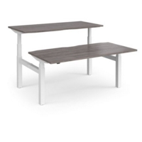 Elev8 Touch sit-stand back-to-back desks 1600mm x 1650mm - white frame and grey oak top