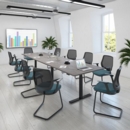 Elev8 Touch radial boardroom table 2400mm x 800/1300mm - black frame and grey oak top
