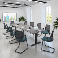 Elev8 Touch radial end boardroom table 2400mm x 1000mm - silver frame and walnut top