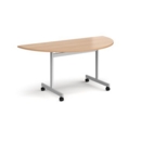 Semi circular fliptop meeting table with silver frame 1600mm x 800mm - beech