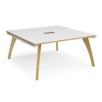 Fuze square boardroom table 1600mm x 1600mm with central cutout 272mm x 132mm - white frame and white top with oak edge