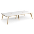 Fuze rectangular boardroom table 3200mm x 1600mm with 2 cutouts 272mm x 132mm - white frame and white top with oak edge