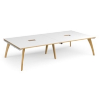 Fuze rectangular boardroom table 3200mm x 1600mm with 2 cutouts 272mm x 132mm - white frame and white top with oak edge