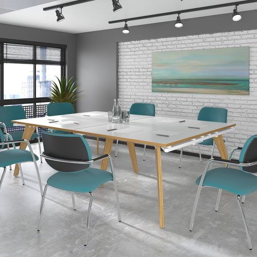 Fuze rectangular boardroom table 3200mm x 1600mm with 2 cutouts 272mm x 132mm - white frame and white top with oak edge