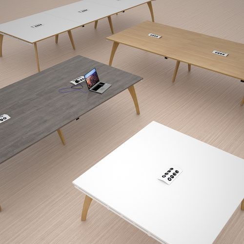Fuze rectangular boardroom table 3200mm x 1600mm with 2 cutouts 272mm x 132mm - white frame and white top with oak edge