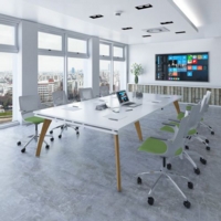 Fuze rectangular boardroom table 3200mm x 1600mm - white frame and white top with oak edging