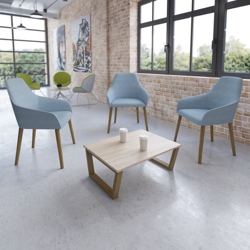 Juna fully upholstered high back lounge chair with 4 oak wooden legs - range blue