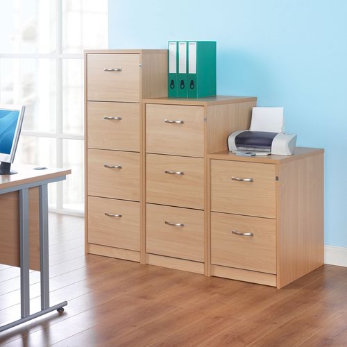 Wooden 4 drawer filing cabinet with silver handles 1360mm high - beech